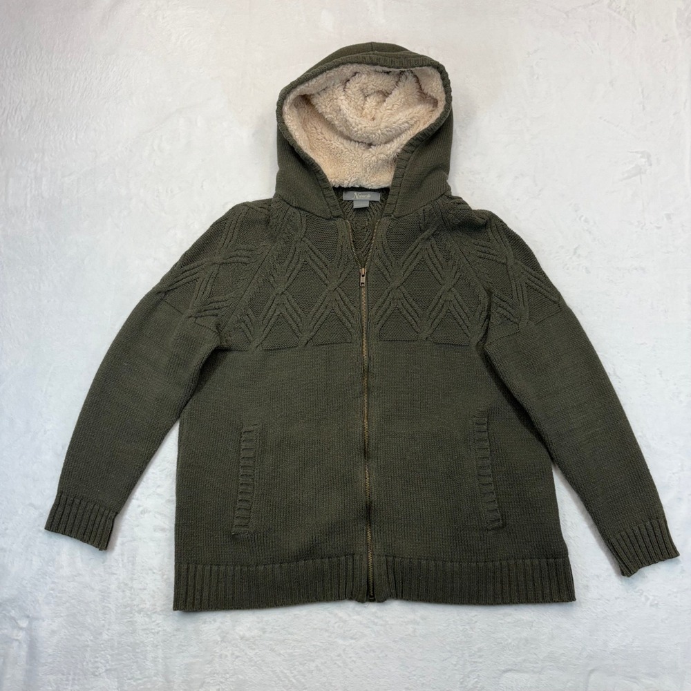 Natural Reflections Womens Green Cable Knit Full Zip Faux Fur Hooded Sweater L